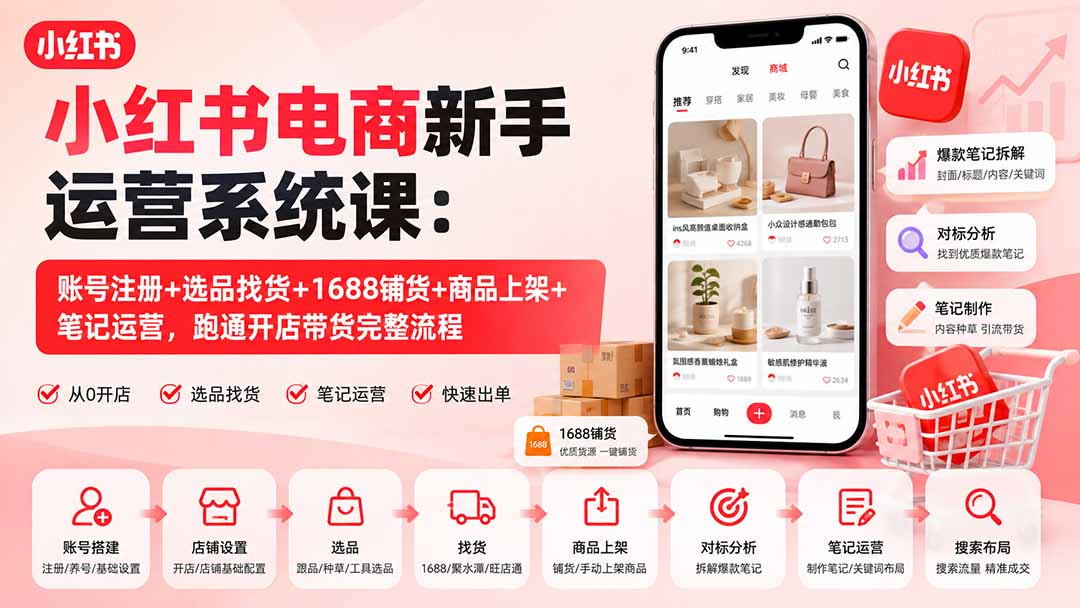 (20319期)小红书电商新手运营系统课:账号注册+选品找货+1688铺货+商品上架+笔记运营,跑通开店带货完整流程
