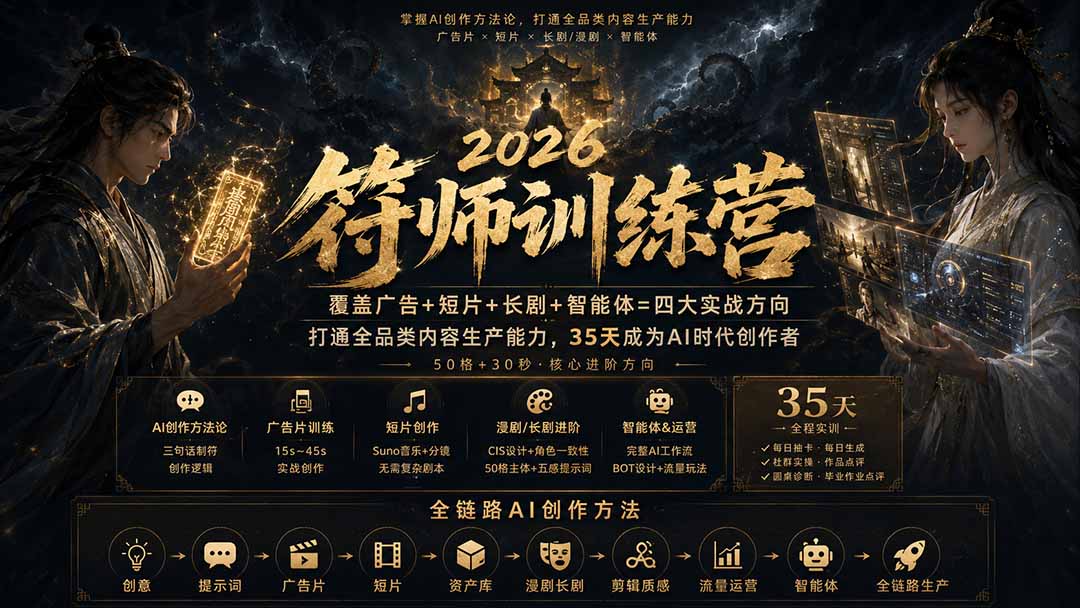 (20180期)符师训练营-35天成为AI时代创作者,广告+短片+漫剧+智能体四大实战方向,掌握从创意到上线的完整工作流