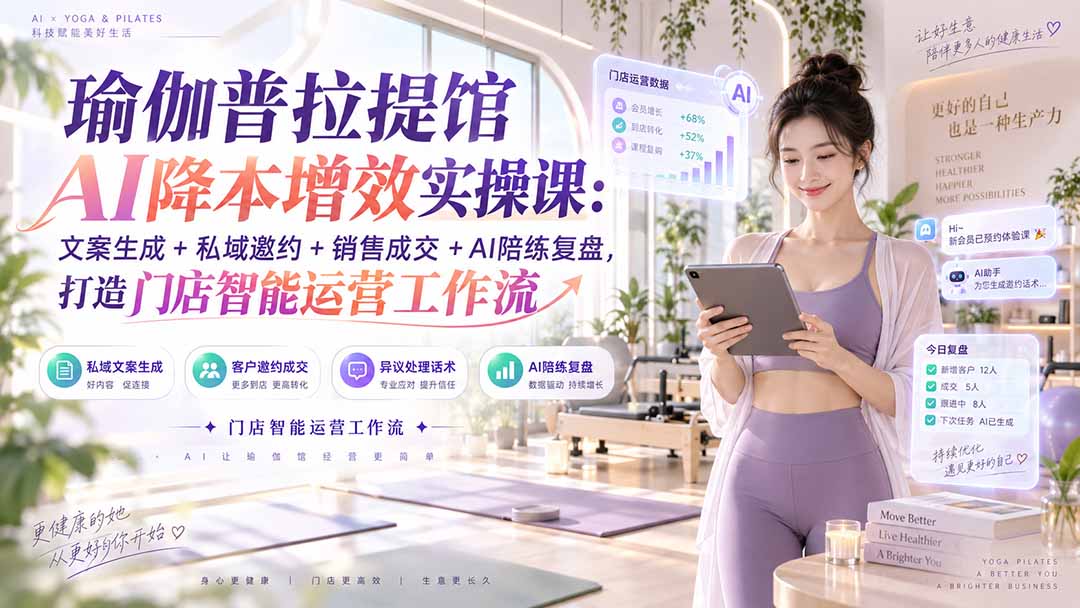 (20340期)瑜伽普拉提馆AI降本增效实操课:文案生成+私域邀约+销售成交+AI陪练复盘,打造门店智能运营工作流插图1 (20340期)瑜伽普拉提馆AI降本增效实操课:文案生成+私域邀约+销售成交+AI陪练复盘,打造门店智能运营工作流插图1