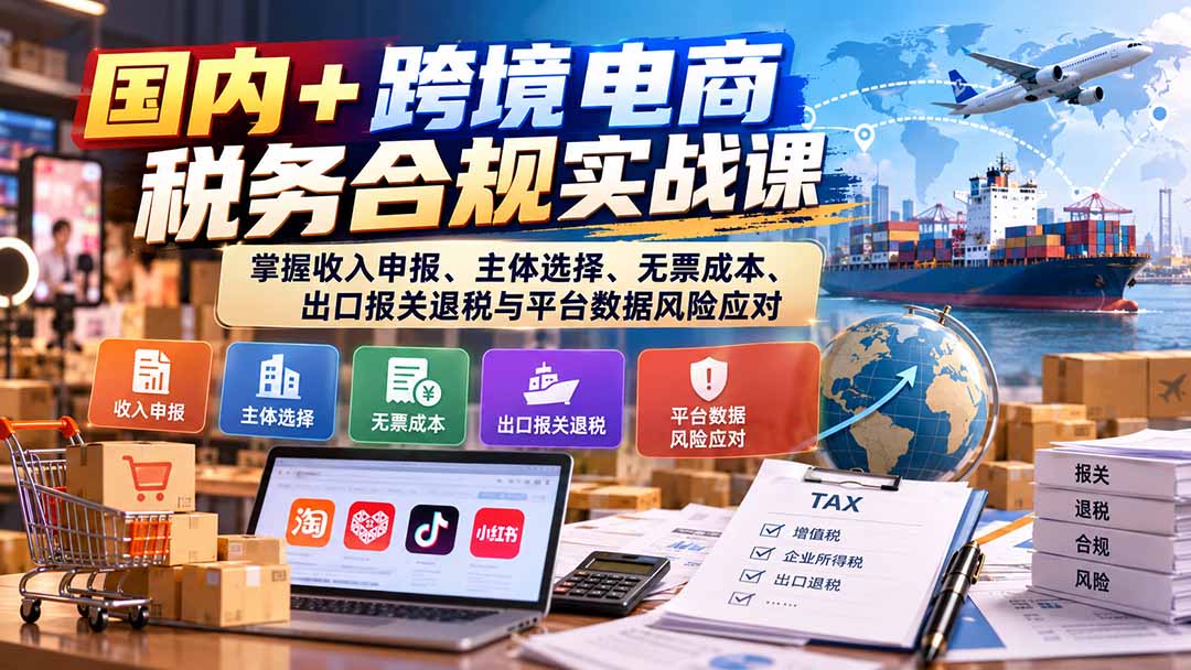 (20686期)国内+跨境电商税务合规实战课:掌握收入申报、主体选择、无票成本、出口报关退税与平台数据风险应对插图1 (20686期)国内+跨境电商税务合规实战课:掌握收入申报、主体选择、无票成本、出口报关退税与平台数据风险应对插图1