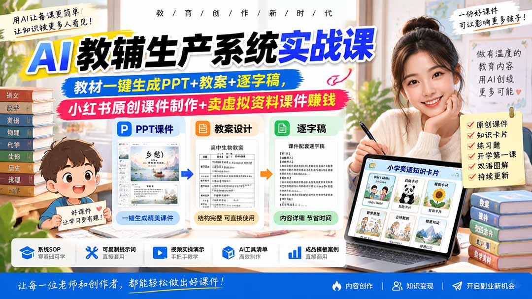 (20542期)AI教辅生产系统实战课|教材一键生成PPT+教案+逐字稿,小红书原创课件制作+卖虚拟资料课件赚钱插图1 (20542期)AI教辅生产系统实战课|教材一键生成PPT+教案+逐字稿,小红书原创课件制作+卖虚拟资料课件赚钱插图1