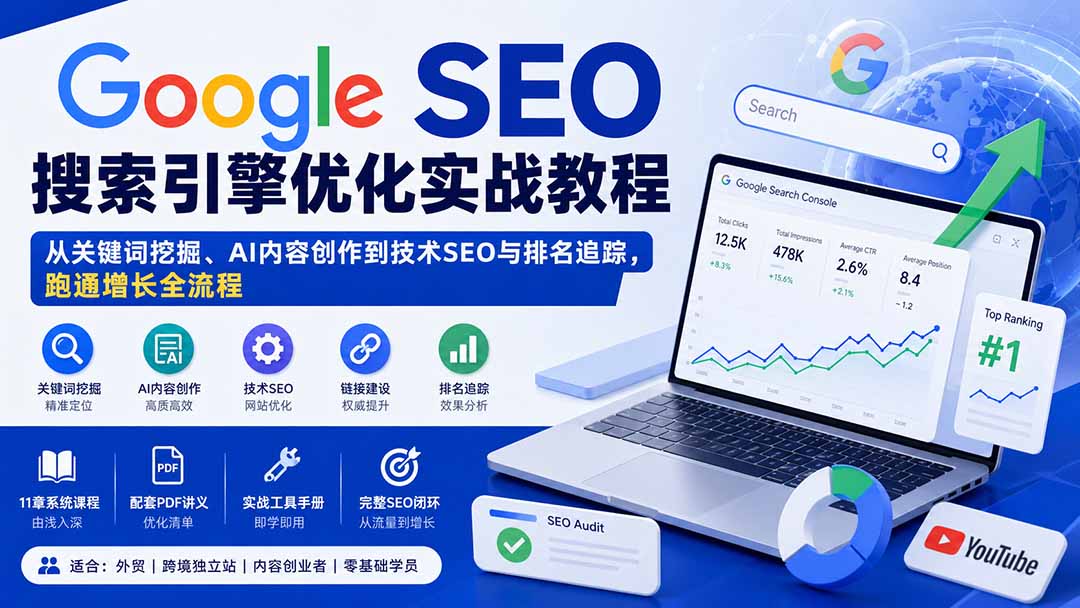 (20241期)Google SEO搜索引擎优化实战教程:从关键词挖掘、AI内容创作到技术SEO与排名追踪,跑通增长全流程插图1 (20241期)Google SEO搜索引擎优化实战教程:从关键词挖掘、AI内容创作到技术SEO与排名追踪,跑通增长全流程插图1