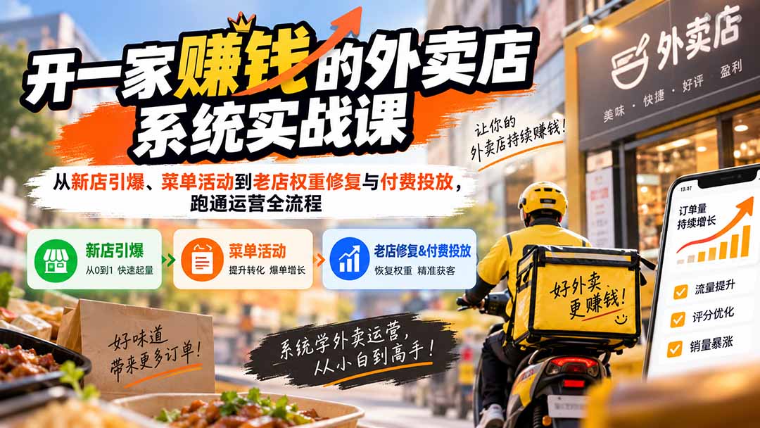 (20258期)开一家赚钱的外卖店系统实战课:从新店引爆、菜单活动到老店权重修复与付费投放,跑通运营全流程插图1 (20258期)开一家赚钱的外卖店系统实战课:从新店引爆、菜单活动到老店权重修复与付费投放,跑通运营全流程插图1