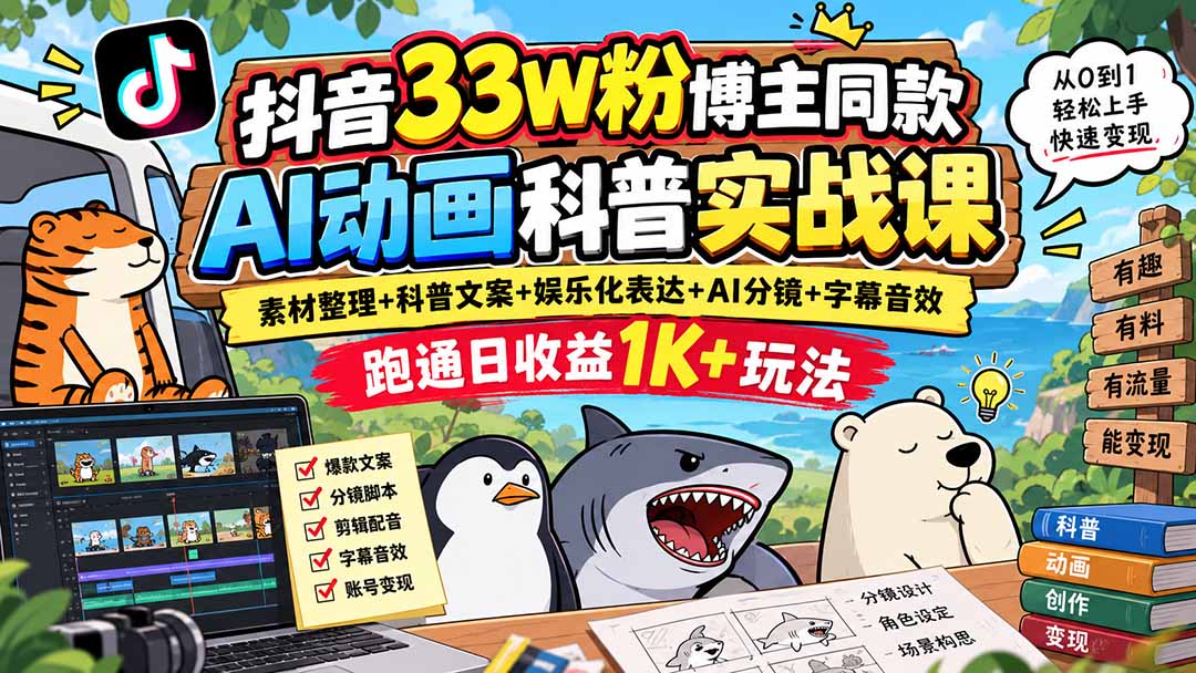 （20510期）抖音33W粉博主同款AI动画科普实战课｜素材整理+科普文案+娱乐化表达+AI分镜+字幕音效，跑通日收益1K+玩法插图1