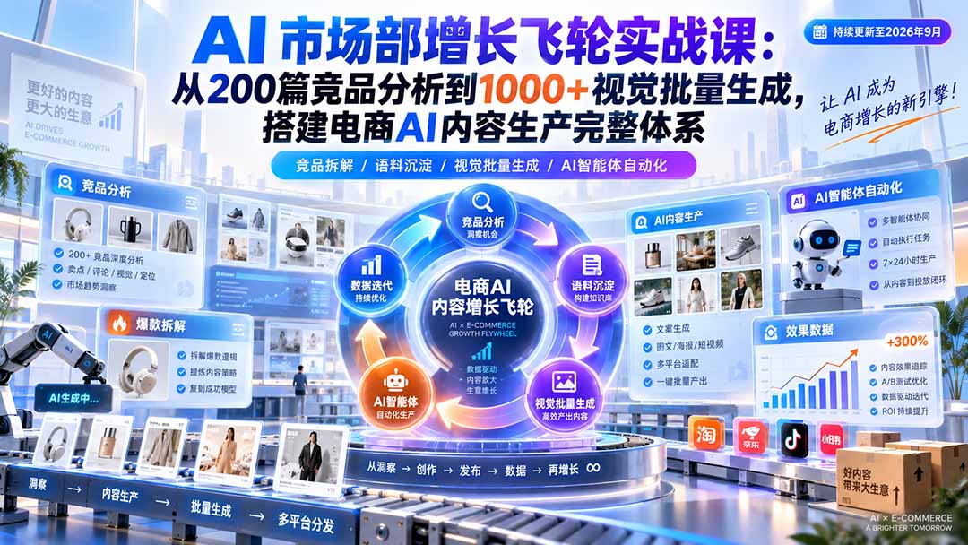 (20436期)AI 市场部增长飞轮实战课:从200篇竞品分析到1000+视觉批量生成,搭建电商AI内容生产完整体系插图1 (20436期)AI 市场部增长飞轮实战课:从200篇竞品分析到1000+视觉批量生成,搭建电商AI内容生产完整体系插图1