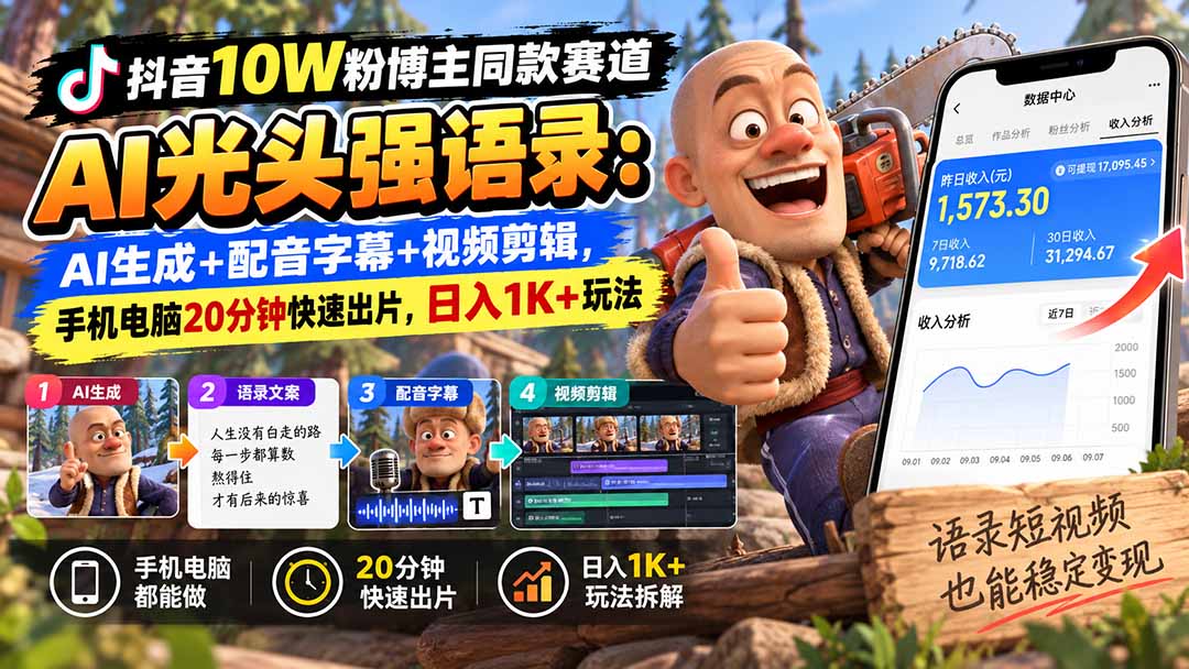 (20687期)【无水印】抖音10W粉博主同款赛道AI光头强语录:AI生成+配音字幕+视频剪辑,手机电脑20分钟快速出片,日入1K+玩法插图1 (20687期)【无水印】抖音10W粉博主同款赛道AI光头强语录:AI生成+配音字幕+视频剪辑,手机电脑20分钟快速出片,日入1K+玩法插图1