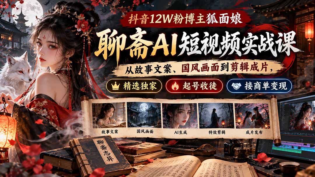 (20639期)抖音12W粉博主狐面娘-聊斋AI短视频实战课:从故事文案、国风画面到剪辑成片,精选独家+起号收徒+接商单变现