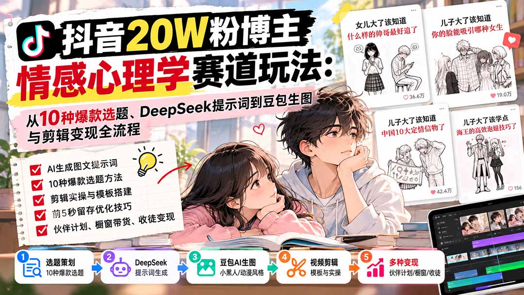 (20688期)抖音20W粉博主-情感心理学赛道玩法:从10种爆款选题、DeepSeek提示词到豆包生图与剪辑变现全流程插图1 (20688期)抖音20W粉博主-情感心理学赛道玩法:从10种爆款选题、DeepSeek提示词到豆包生图与剪辑变现全流程插图1
