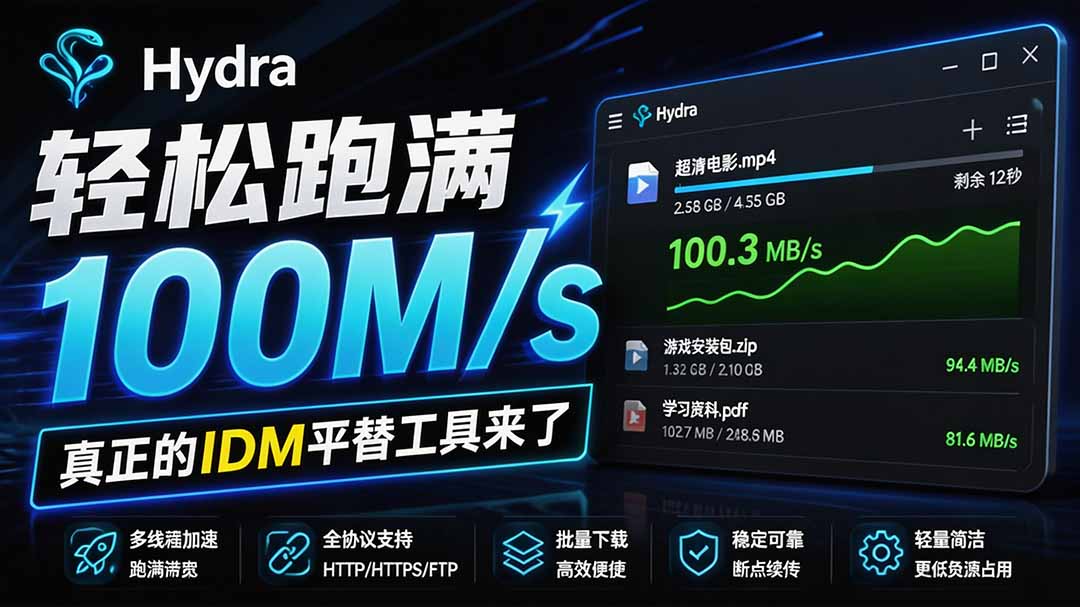 (20350期)轻松跑满100M/s,真正的IDM平替工具来了,开源多线程器,支持浏览器拓展,一键智能加速 Hydra Download Manager插图1 (20350期)轻松跑满100M/s,真正的IDM平替工具来了,开源多线程器,支持浏览器拓展,一键智能加速 Hydra Download Manager插图1