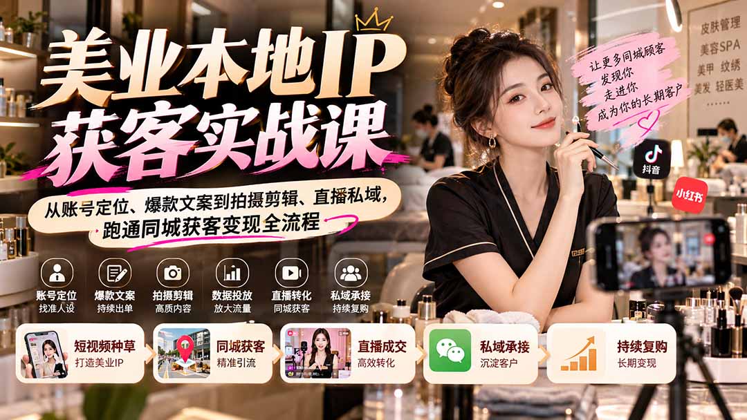 (20640期)【无水印】美业本地IP获客实战课:从账号定位、爆款文案到拍摄剪辑、直播私域,跑通同城获客变现全流程插图1 (20640期)【无水印】美业本地IP获客实战课:从账号定位、爆款文案到拍摄剪辑、直播私域,跑通同城获客变现全流程插图1