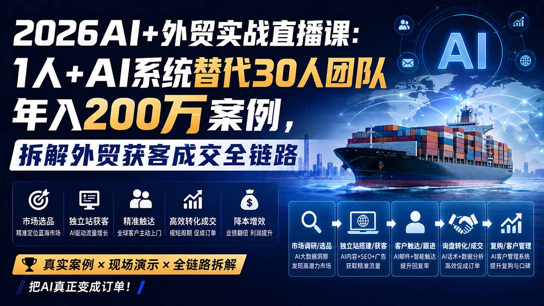 （20196期）2026AI+外贸实战直播课：1人+AI系统替代30人团队年入200万案例，拆解外贸获客成交全链路插图1