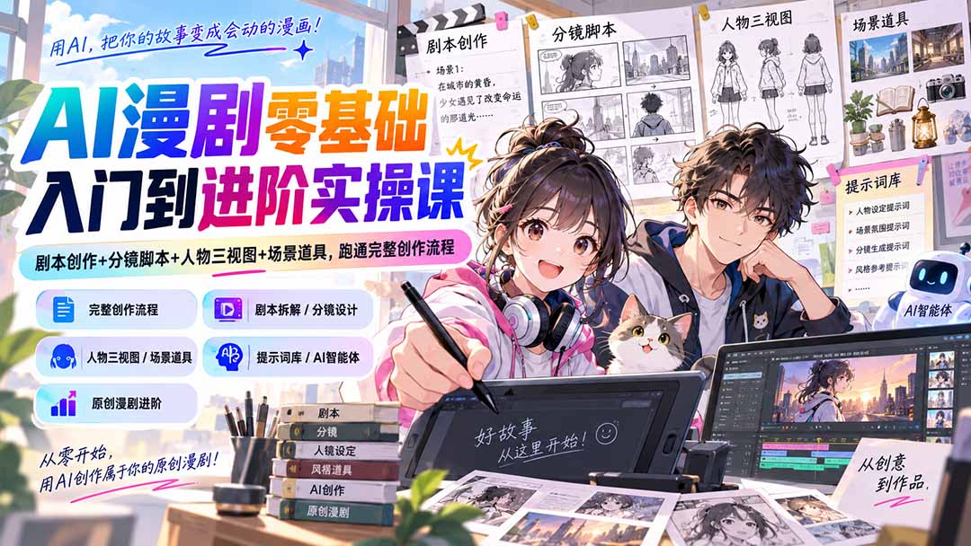 (20352期)AI漫剧零基础入门到进阶实操课:剧本创作+分镜脚本+人物三视图+场景道具,跑通完整创作流程插图1 (20352期)AI漫剧零基础入门到进阶实操课:剧本创作+分镜脚本+人物三视图+场景道具,跑通完整创作流程插图1