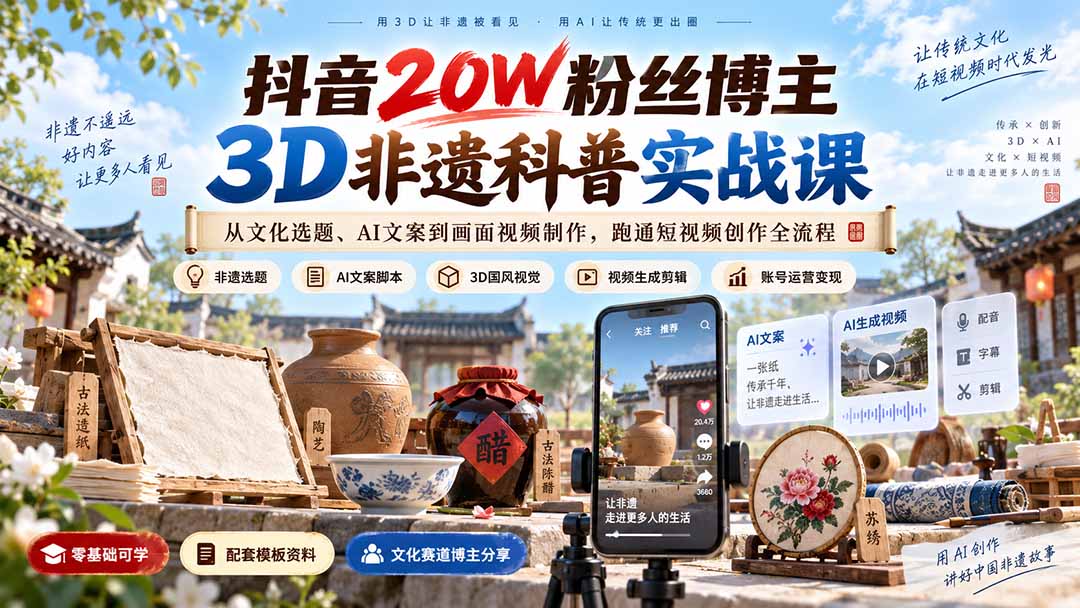 (20356期)抖音20W粉丝博主3D非遗科普实战课:从文化选题、AI文案到画面视频制作,跑通短视频创作全流程插图1 (20356期)抖音20W粉丝博主3D非遗科普实战课:从文化选题、AI文案到画面视频制作,跑通短视频创作全流程插图1
