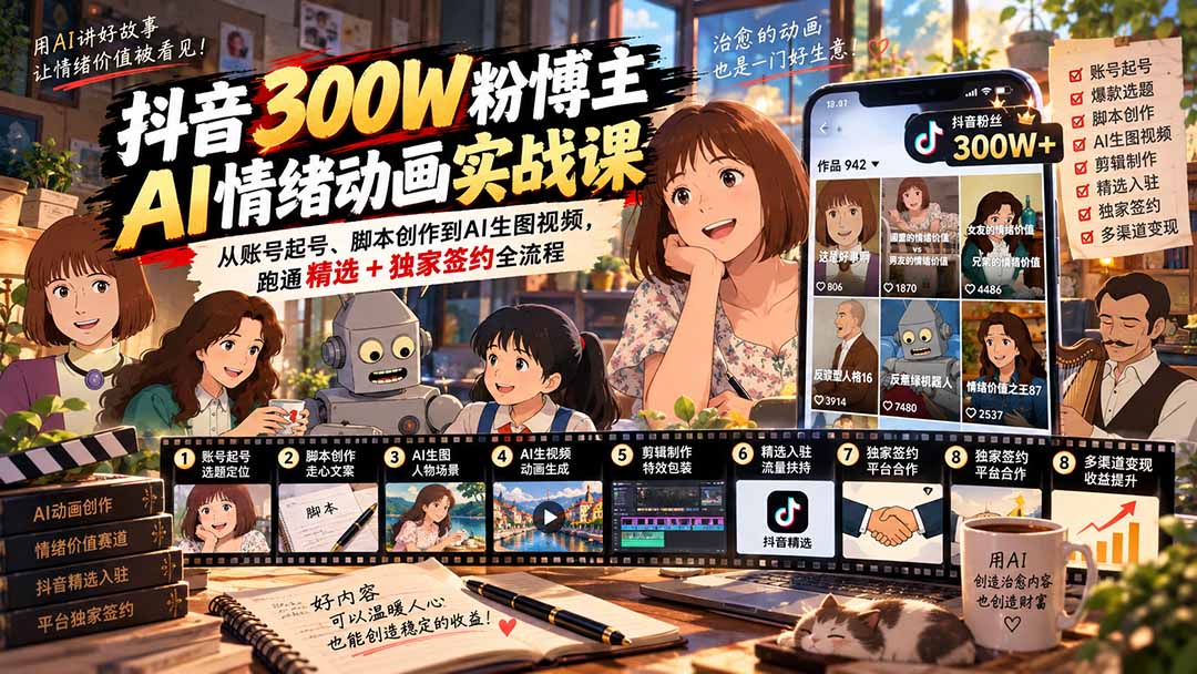 (20616期)抖音300W粉博主AI情绪动画实战课:从账号起号、脚本创作到AI生图视频,跑通精选+独家签约全流程插图1 (20616期)抖音300W粉博主AI情绪动画实战课:从账号起号、脚本创作到AI生图视频,跑通精选+独家签约全流程插图1