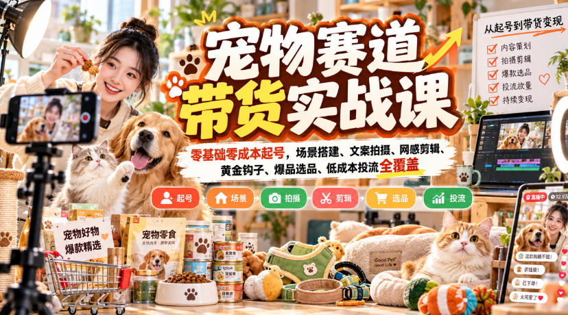 宠物赛道带货实战课,零基础零成本起号,场景搭建、文案拍摄、网感剪辑、黄金钩子、爆品选品、低成本投流全覆盖插图 宠物赛道带货实战课,零基础零成本起号,场景搭建、文案拍摄、网感剪辑、黄金钩子、爆品选品、低成本投流全覆盖插图