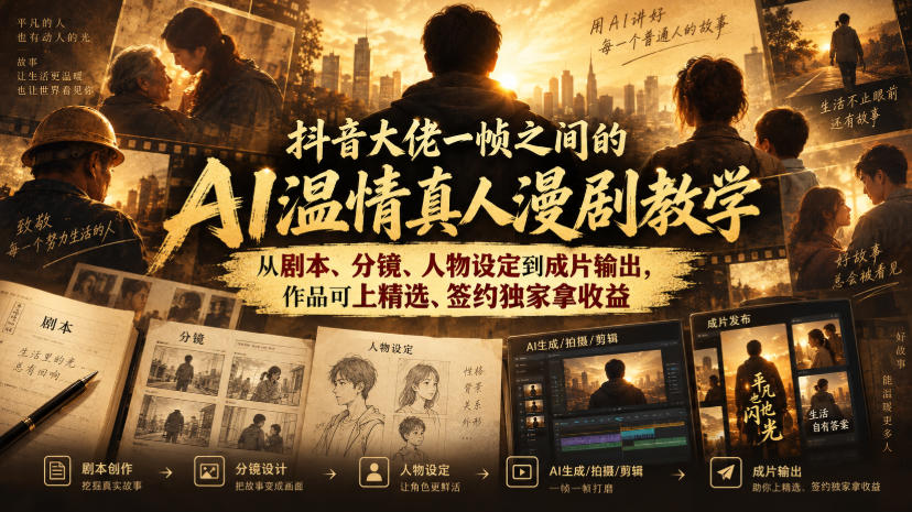 抖音大佬一帧之间的AI温情真人漫剧教学,从剧本、分镜、人物设定到成片输出,作品可上精选、签约独家拿收益