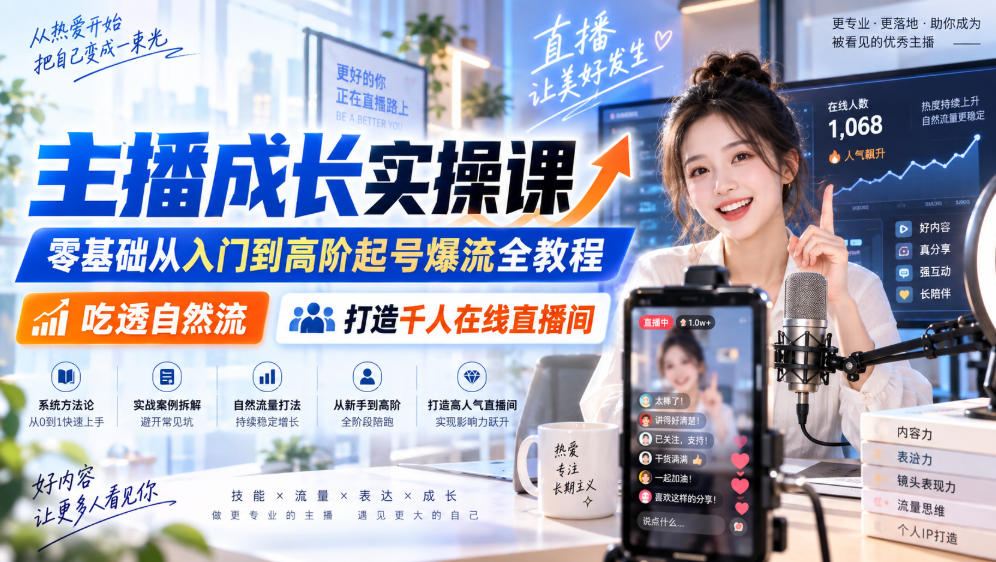 主播成长实操课｜零基础从入门到高阶起号爆流全教程，吃透自然流，打造千人在线直播间
