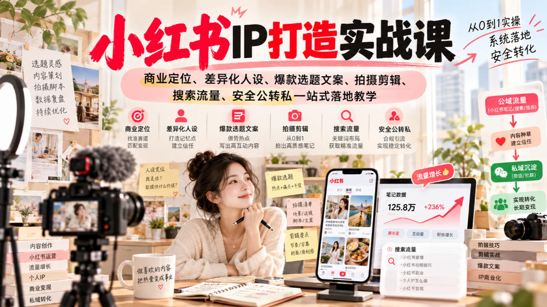 小红书ip打造实战课,商业定位、差异化人设、爆款选题文案、拍摄剪辑、搜索流量、安全公转私一站式落地教学插图 小红书ip打造实战课,商业定位、差异化人设、爆款选题文案、拍摄剪辑、搜索流量、安全公转私一站式落地教学插图