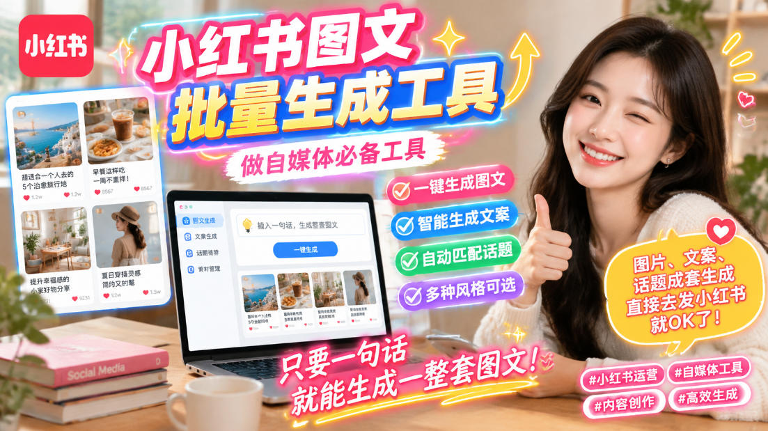 小红书图文批量生成工具,话题、文案、配图一键生成,直接发布,做自媒体必备工具插图 小红书图文批量生成工具,话题、文案、配图一键生成,直接发布,做自媒体必备工具插图