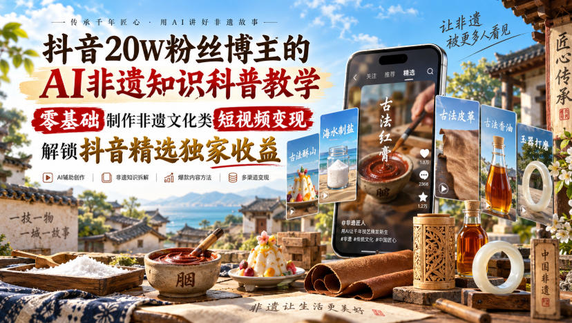 抖音20W粉丝博主的AI非遗知识科普教学,零基础制作非遗文化类短视频变现,解锁抖音精选独家收益插图 抖音20W粉丝博主的AI非遗知识科普教学,零基础制作非遗文化类短视频变现,解锁抖音精选独家收益插图