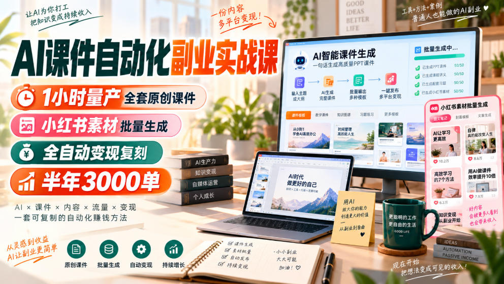 AI课件自动化副业实战课,1小时量产全套原创课件,小红书素材批量生成,全自动变现复刻,半年3000单插图 AI课件自动化副业实战课,1小时量产全套原创课件,小红书素材批量生成,全自动变现复刻,半年3000单插图
