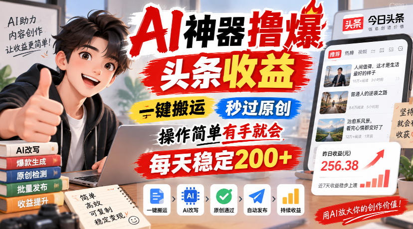 AI神器撸爆头条收益,一键搬运,秒过原创,操作简单有手就会,每天稳定200+【揭秘】