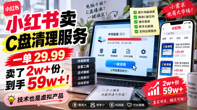 小红书卖C盘清理服务,一单29.99,卖了2w+份,技术也是虚拟产品