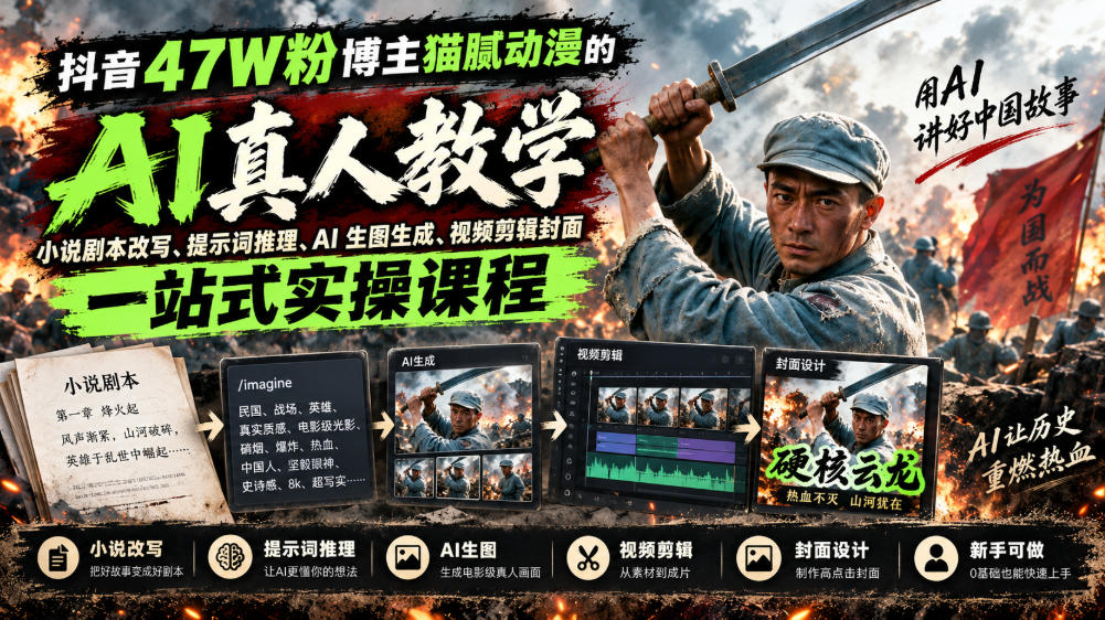 抖音47W粉博主猫腻动漫的AI真人漫剧教学,小说剧本改写、提示词推理、AI生图生成、视频剪辑封面一站式实操课程插图 抖音47W粉博主猫腻动漫的AI真人漫剧教学,小说剧本改写、提示词推理、AI生图生成、视频剪辑封面一站式实操课程插图