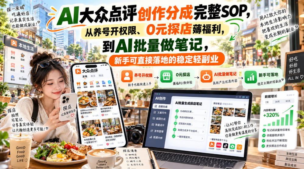 【无水印】AI大众点评创作分成完整SOP,从养号开权限、0元探店薅福利,到AI批量做笔记,新手可直接落地的稳定轻副业