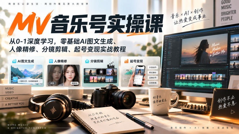 AI MV音乐号实操课，从0-1深度学习，零基础AI图文生成、人像精修、分镜剪辑、起号变现实战教程