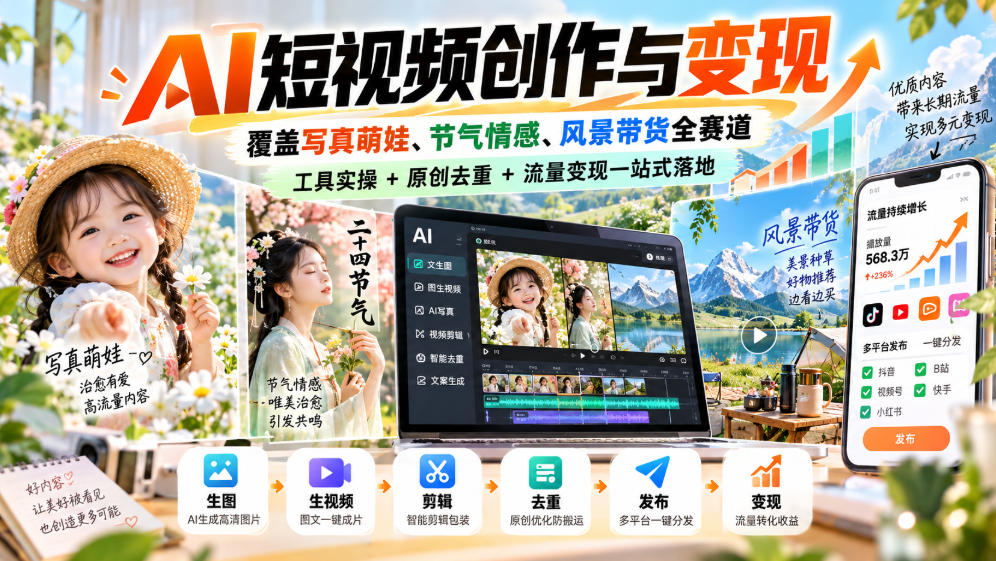 AI短视频创作与变现,覆盖写真萌娃、节气情感、风景带货全赛道,工具实操+原创去重+流量变现一站式落地插图 AI短视频创作与变现,覆盖写真萌娃、节气情感、风景带货全赛道,工具实操+原创去重+流量变现一站式落地插图
