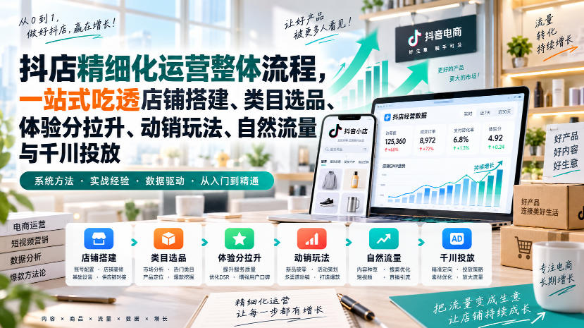 李哥电商-抖店精细化运营整体流程,一站式吃透店铺搭建、类目选品、体验分拉升、动销玩法、自然流量与千川投放