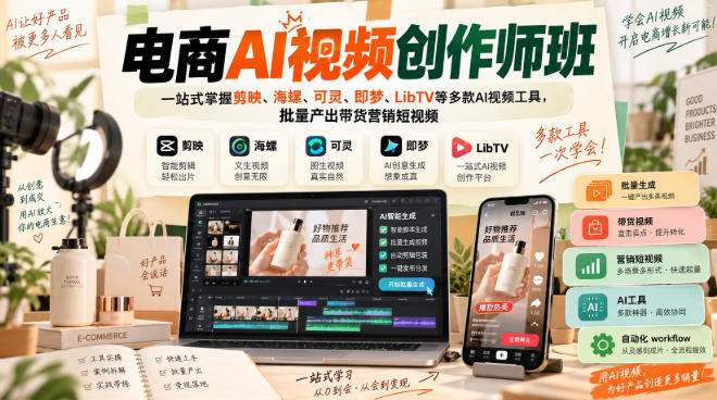 电商AI视频创作师班,一站式掌握剪映、海螺、可灵、即梦、LibTV等多款AI视频工具,批量产出带货营销短视频