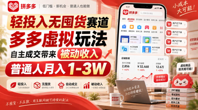 轻投入无囤货赛道,多多虚拟玩法自主成交带来被动收入,普通人月入1-3W