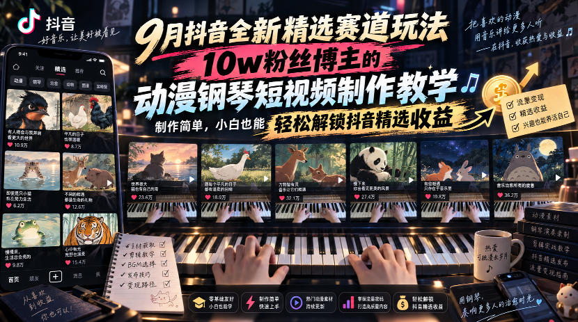 9月抖音全新精选赛道玩法,10w粉丝博主的动漫钢琴短视频制作教学,制作简单,小白也能轻松解锁抖音精选收益插图 9月抖音全新精选赛道玩法,10w粉丝博主的动漫钢琴短视频制作教学,制作简单,小白也能轻松解锁抖音精选收益插图