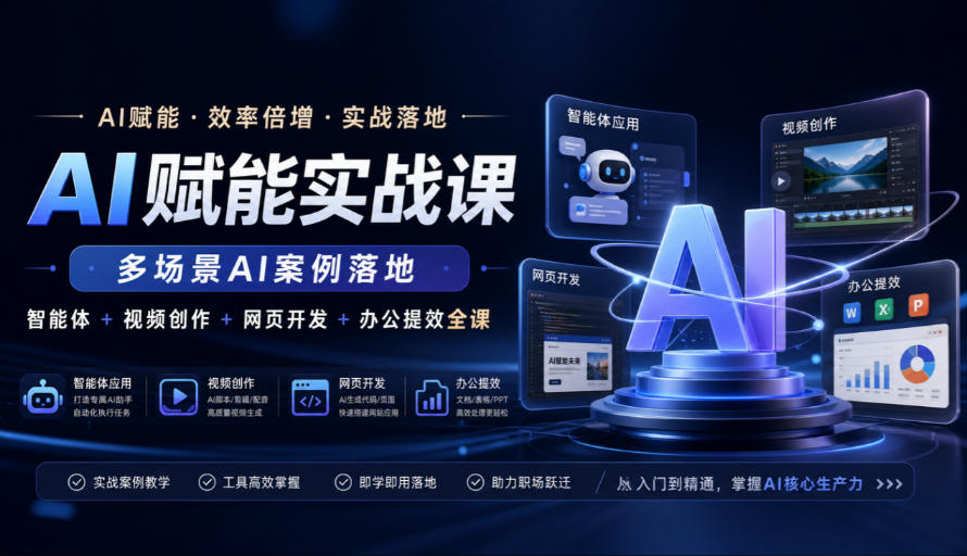 AI赋能实战课，多场景AI案例落地，智能体+视频创作+网页开发+办公提效全课