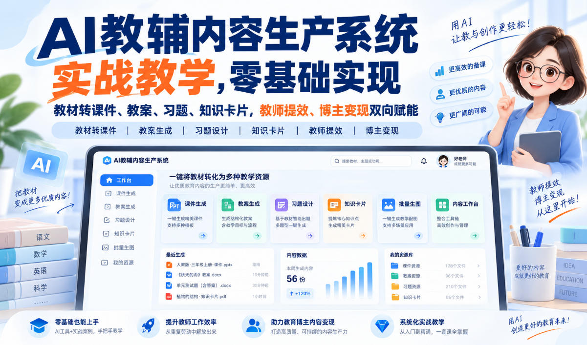 AI教辅内容生产系统实战教学，零基础实现教材转课件、教案、习题、知识卡片，教师提效、博主变现双向赋能插图