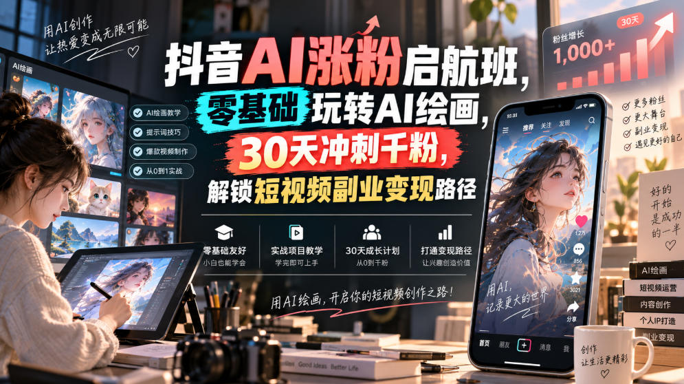抖音AI涨粉启航班,零基础玩转AI绘画,30天冲刺千粉,解锁短视频副业变现路径