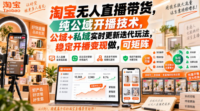 淘宝无人直播带货,纯公域开播技术,公域+私域实时更新迭代玩法,稳定开播变现做,可矩阵【揭秘】