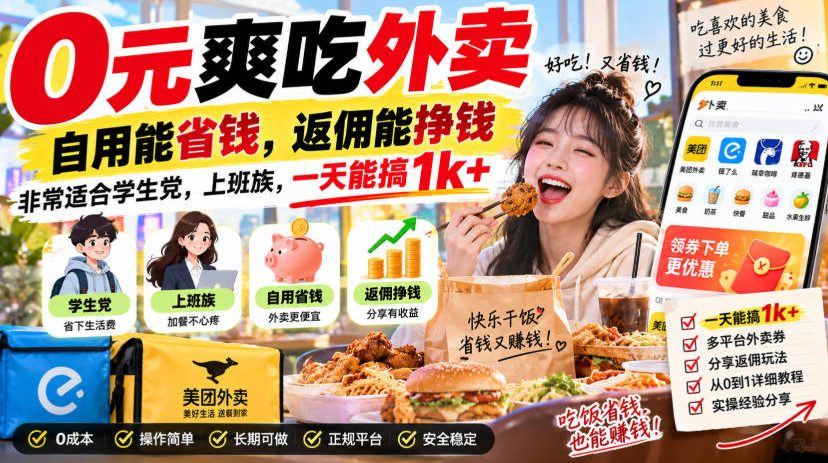 0元爽吃外卖,自用能省钱,返佣能挣钱,非常适合学生党,上班族,一天能搞1k+