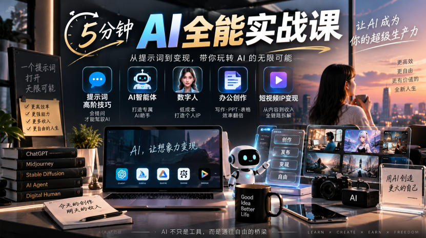 5分钟AI全能实战课|提示词高阶技巧+AI智能体+数字人+办公创作+短视频IP变现全教程