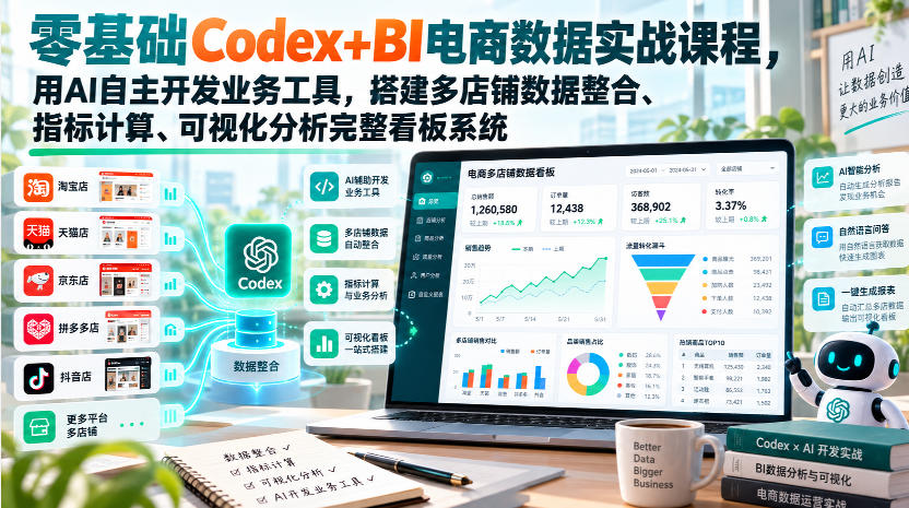 零基础Codex+BI电商数据实战课程,用AI自主开发业务工具,搭建多店铺数据整合、指标计算、可视化分析完整看板系统