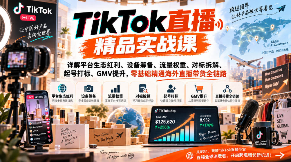 TikTok直播精品实战课,详解平台生态红利、设备筹备、流量权重、对标拆解、起号打标、GMV提升,零基础精通海外直播带货全链路插图 TikTok直播精品实战课,详解平台生态红利、设备筹备、流量权重、对标拆解、起号打标、GMV提升,零基础精通海外直播带货全链路插图