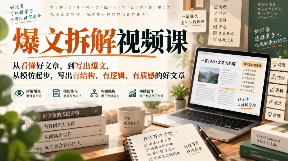爆文拆解视频课,从看懂好文章,到写出爆文,从模仿起步,写出有结构、有逻辑、有质感的好文章