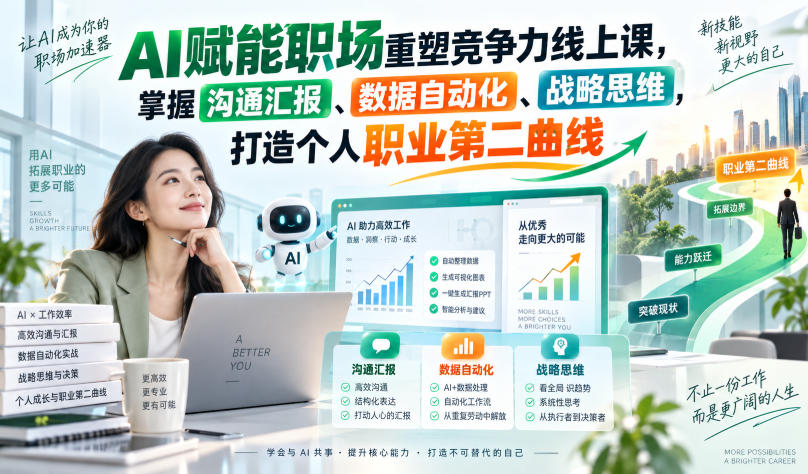 AI赋能职场重塑竞争力线上课,掌握沟通汇报、数据自动化、战略思维,打造个人职业第二曲线