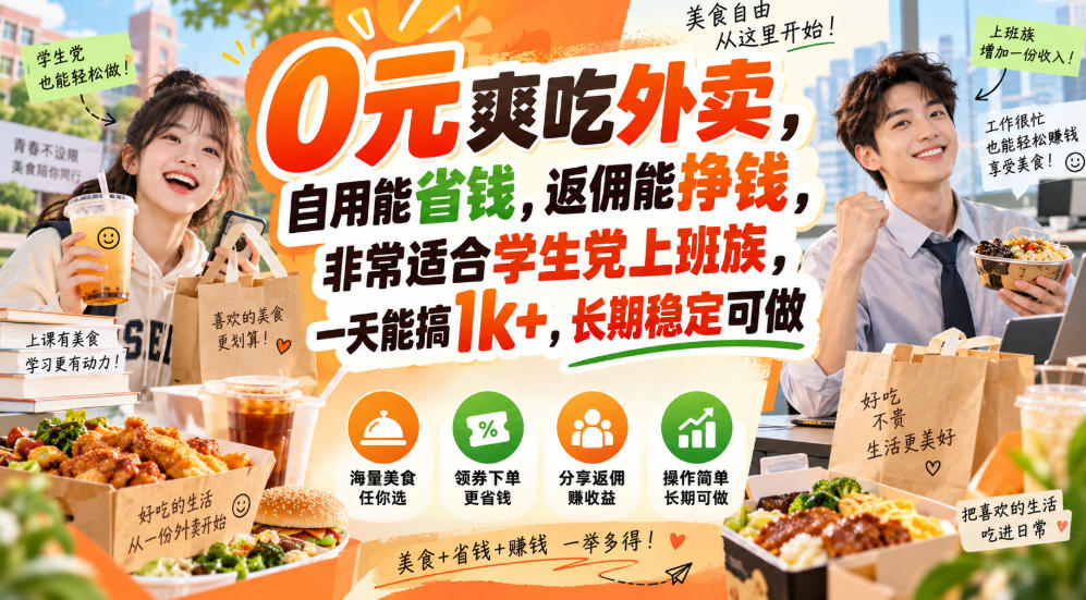 0元爽吃外卖，自用能省钱，返佣能挣钱，非常适合学生党上班族，一天能搞1k+，长期稳定可做