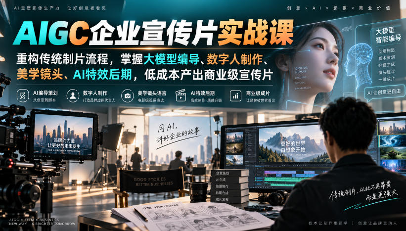 AIGC企业宣传片实战课，重构传统制片流程，掌握大模型编导、数字人制作、美学镜头、AI特效后期，低成本产出商业级宣传片