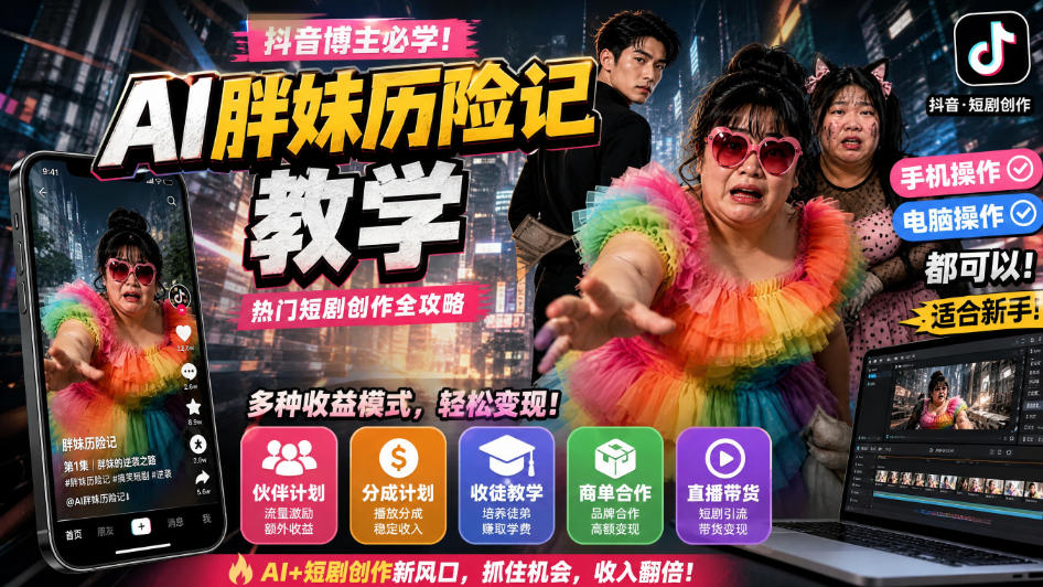 抖音博主的AI胖妹历险记教学,伙伴计划+分成计划+收徒+商单等多种收益,适合新手,手机电脑都可以操作插图 抖音博主的AI胖妹历险记教学,伙伴计划+分成计划+收徒+商单等多种收益,适合新手,手机电脑都可以操作插图