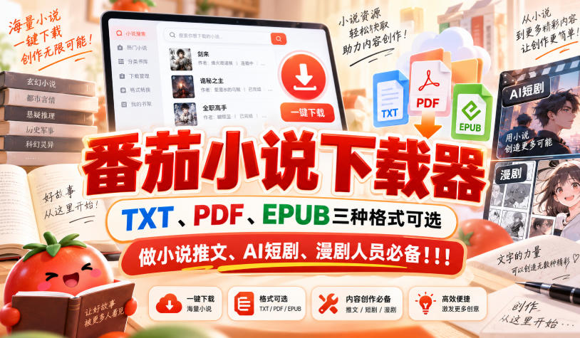 番茄小说下载器,TXT、PDF、EPUB三种格式可选,做小说推文、AI短剧、漫剧人员必备!!!