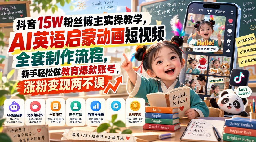 抖音15W粉丝博主实操教学,AI英语启蒙动画短视频全套制作流程,新手轻松做教育爆款账号,涨粉变现两不误
